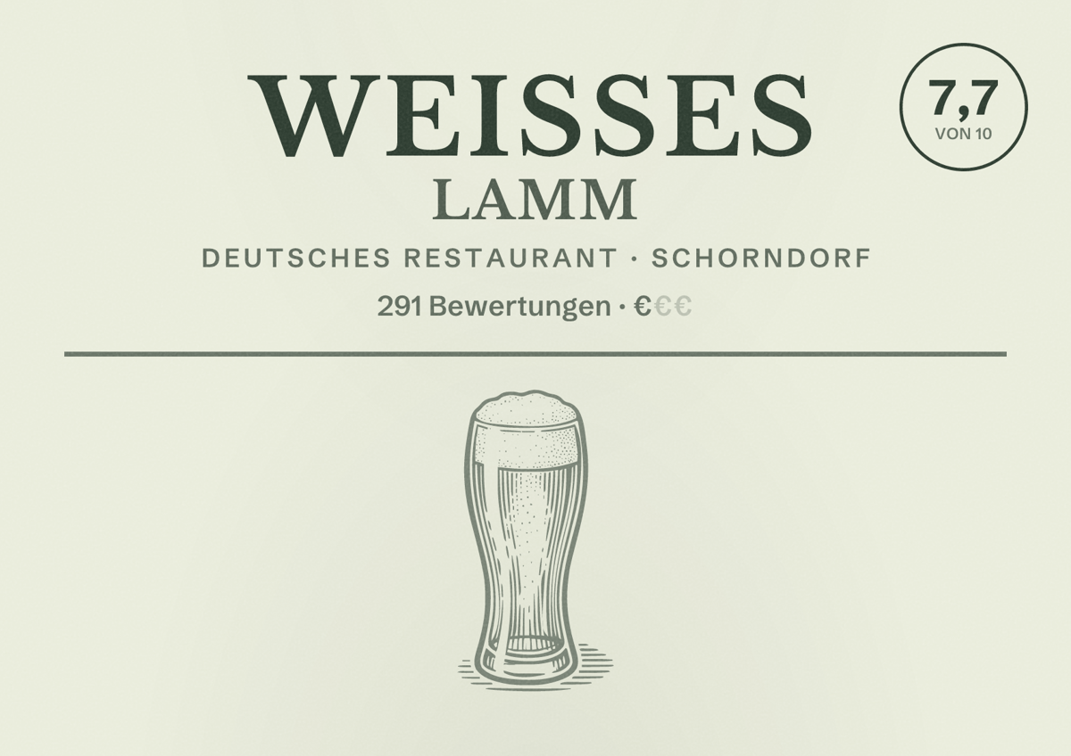 Illustriertes Poster von Weisses Lamm, Deutsches Restaurant in Schorndorf: Bewertung 7,7 von 10 aus 291 Bewertungen, Preisniveau €