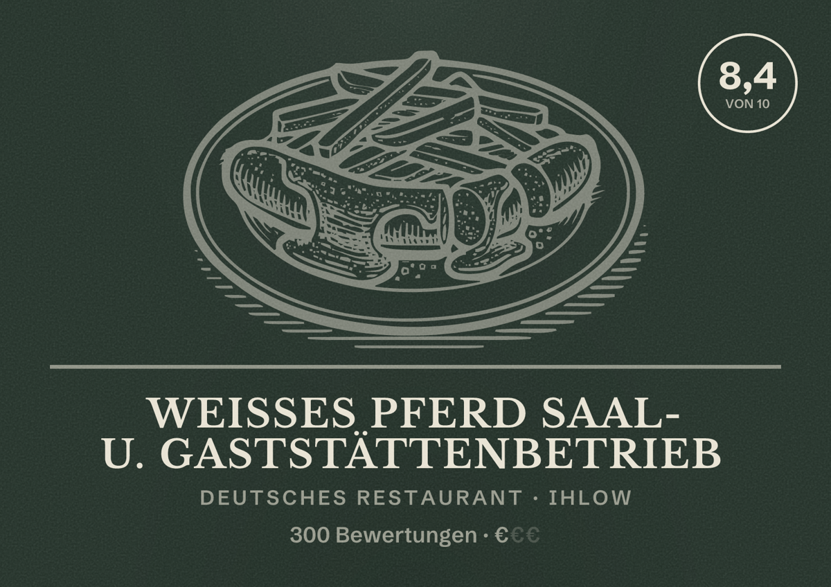 Illustriertes Poster von Weißes Pferd Saal- u. Gaststättenbetrieb, Deutsches Restaurant in Ihlow: Bewertung 8,4 von 10 aus 300 Bewertungen, Preisniveau €