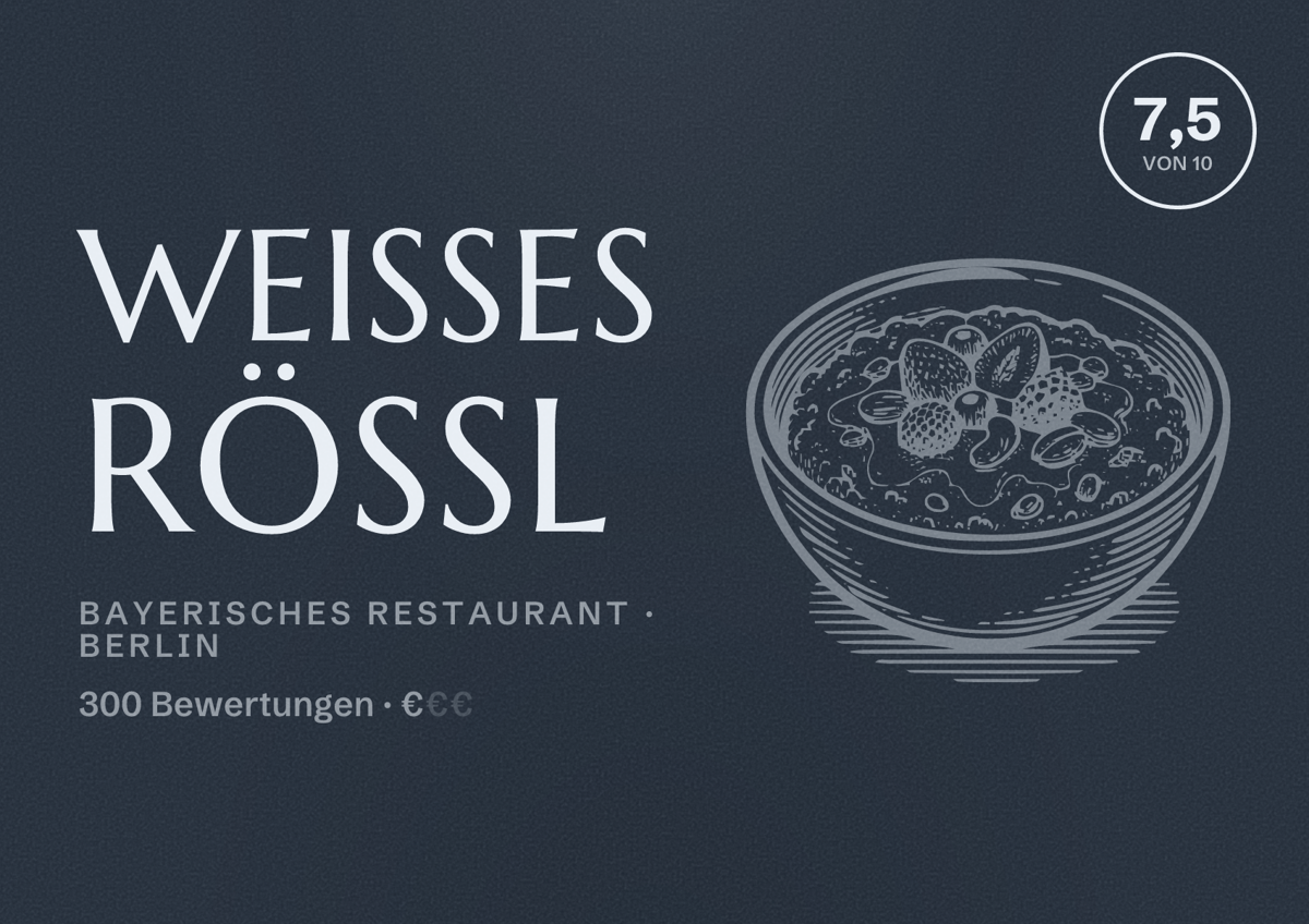 Illustriertes Poster von Weißes Rössl, Bayerisches Restaurant in Berlin: Bewertung 7,5 von 10 aus 300 Bewertungen, Preisniveau €