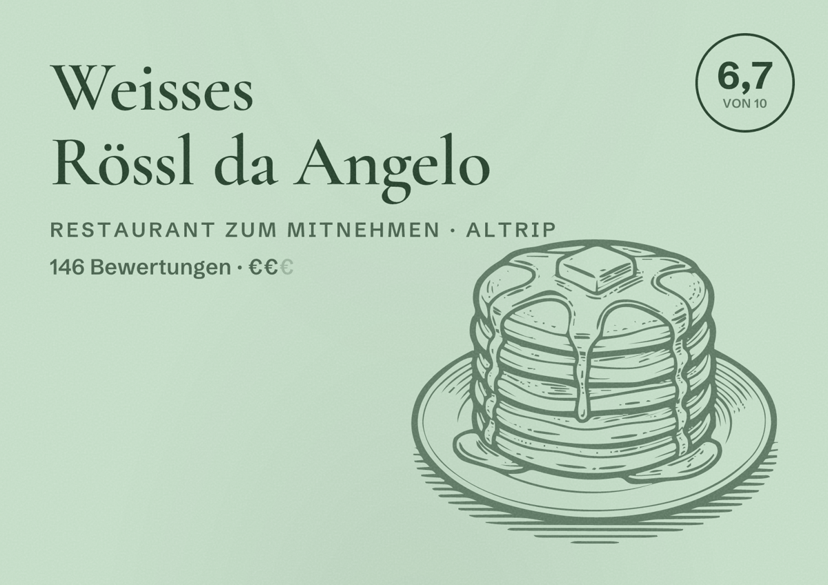Illustriertes Poster von Weisses Rössl da Angelo, Restaurant zum Mitnehmen in Altrip: Bewertung 6,7 von 10 aus 146 Bewertungen, Preisniveau €€