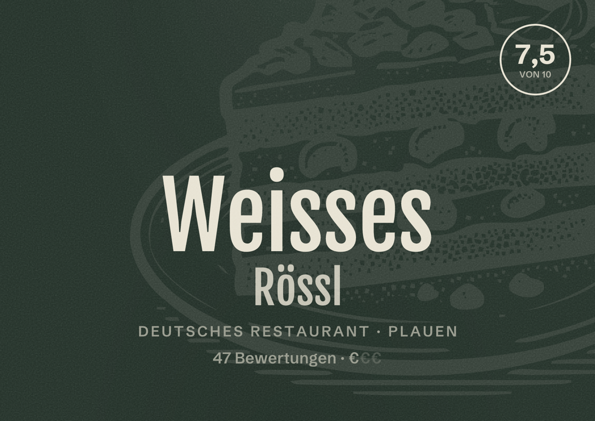 Illustriertes Poster von Weisses Rössl, Deutsches Restaurant in Plauen: Bewertung 7,5 von 10 aus 47 Bewertungen, Preisniveau €