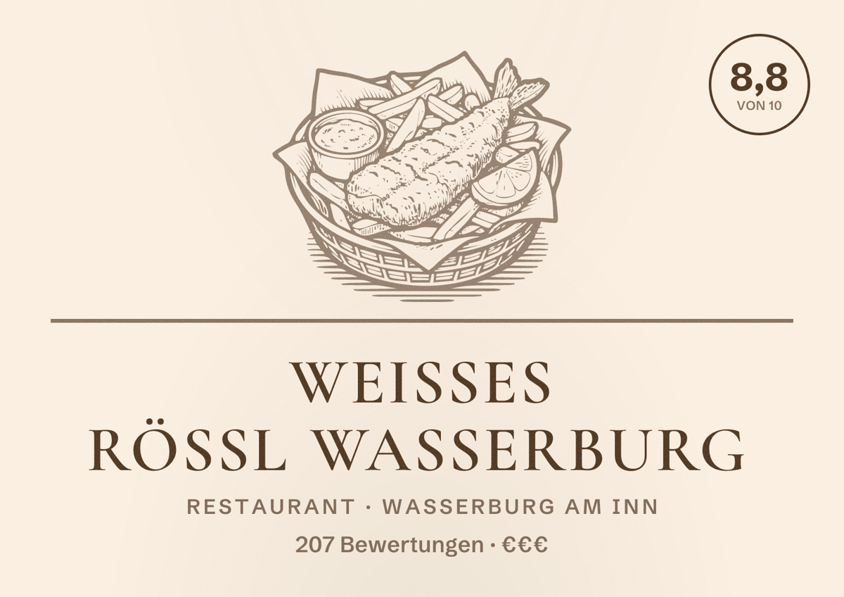 Illustriertes Poster von Weisses Rössl Wasserburg, Restaurant in Wasserburg am Inn: Bewertung 8,8 von 10 aus 207 Bewertungen, Preisniveau €€€