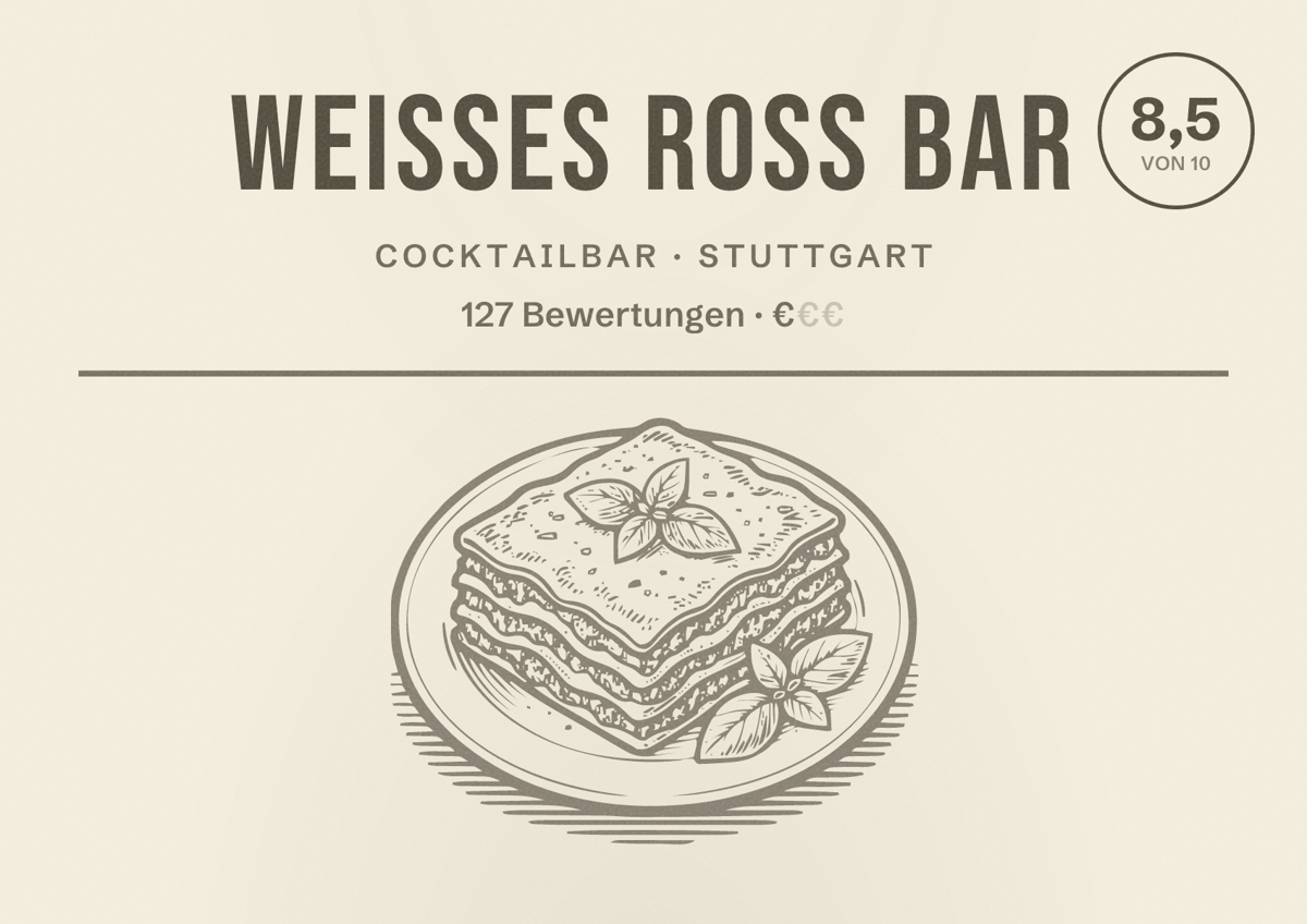 Illustriertes Poster von Weißes Roß Bar, Cocktailbar in Stuttgart: Bewertung 8,5 von 10 aus 127 Bewertungen, Preisniveau €