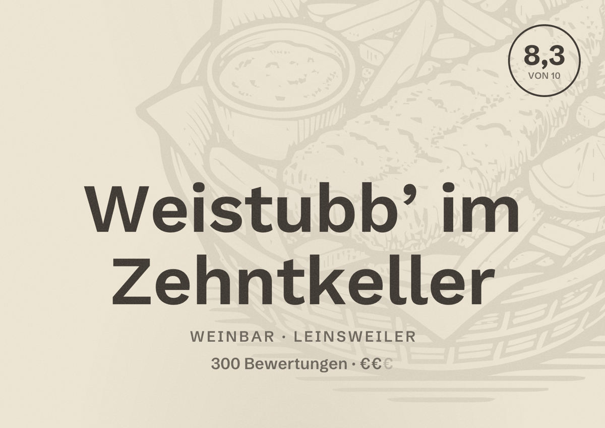 Illustriertes Poster von Weistubb’ im Zehntkeller, Weinbar in Leinsweiler: Bewertung 8,3 von 10 aus 300 Bewertungen, Preisniveau €€