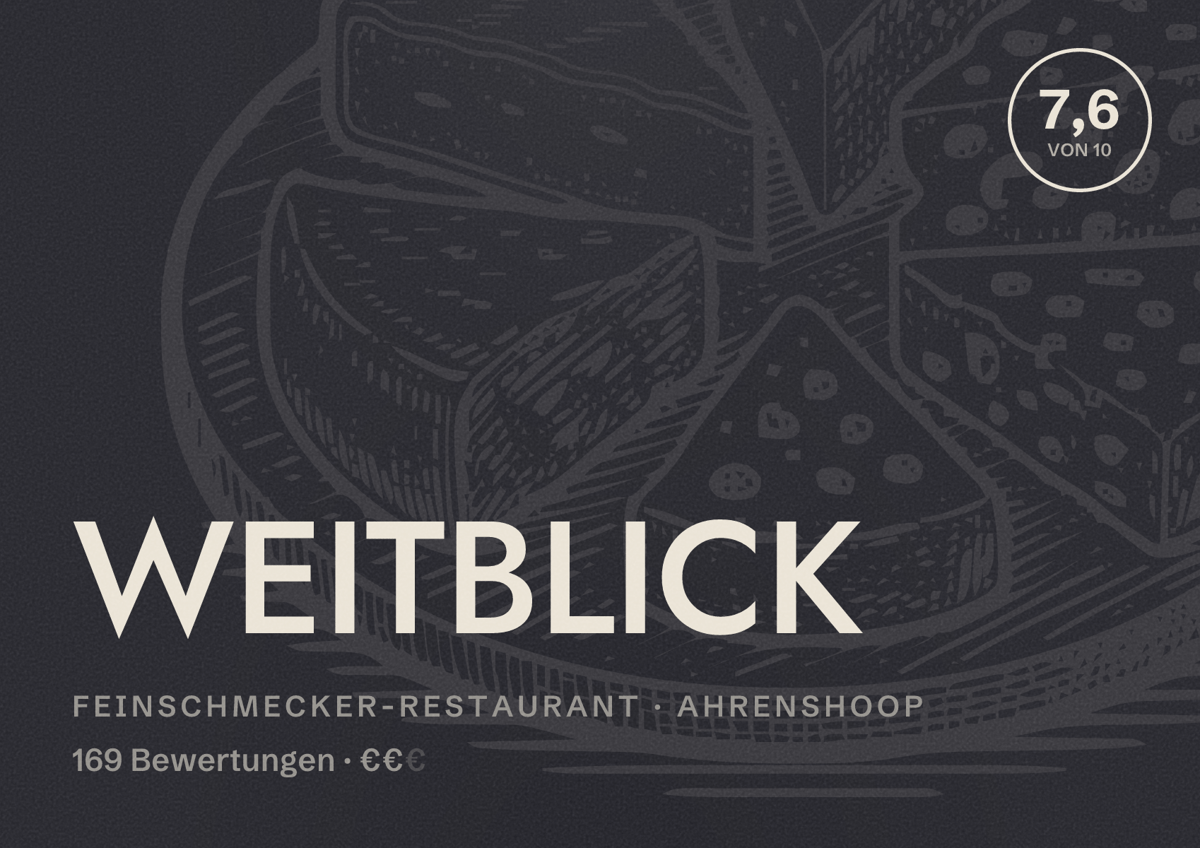 Illustriertes Poster von WEITBLICK, Feinschmecker-Restaurant in Ahrenshoop: Bewertung 7,6 von 10 aus 169 Bewertungen, Preisniveau €€