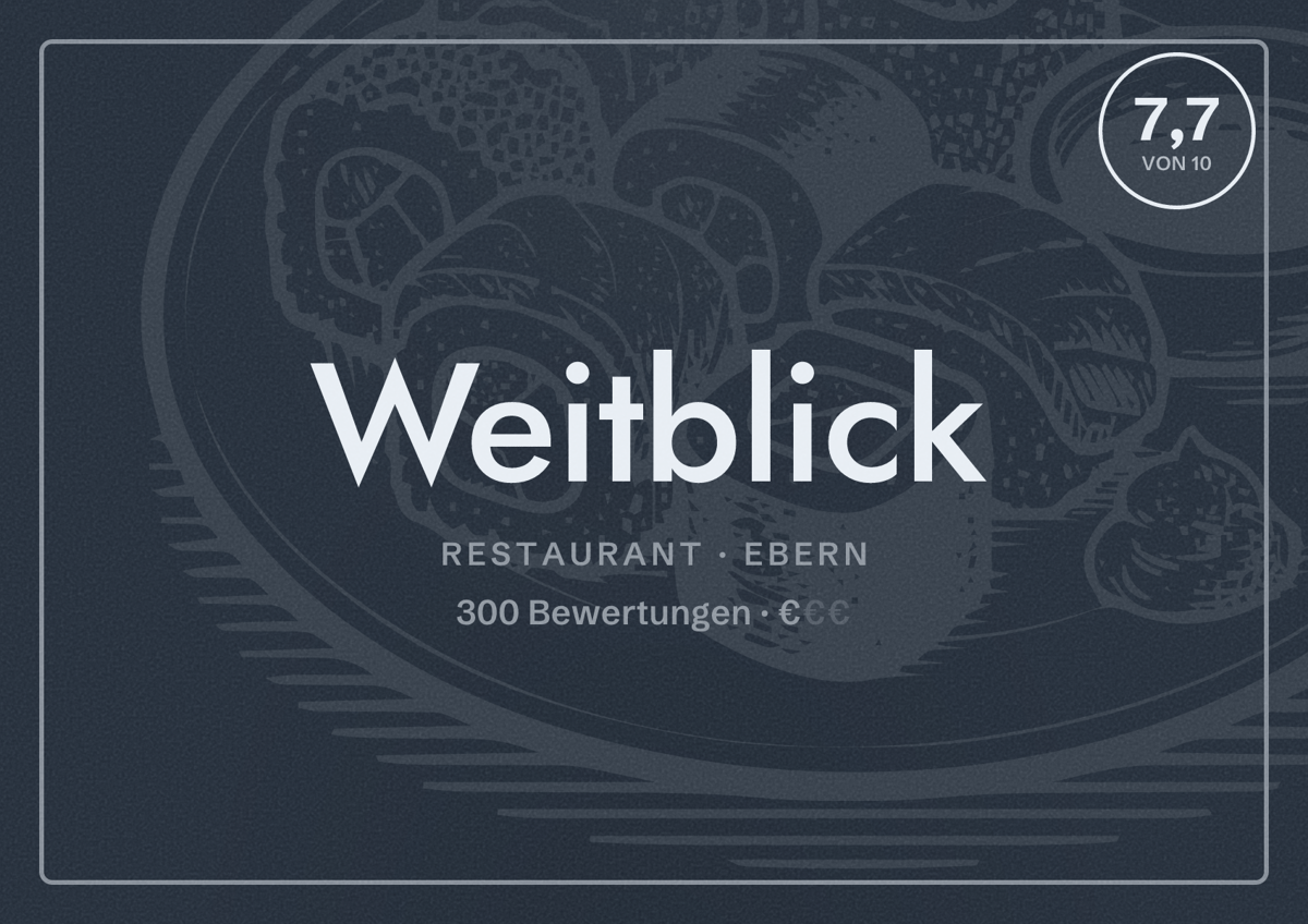 Illustriertes Poster von Weitblick, Restaurant in Ebern: Bewertung 7,7 von 10 aus 300 Bewertungen, Preisniveau €