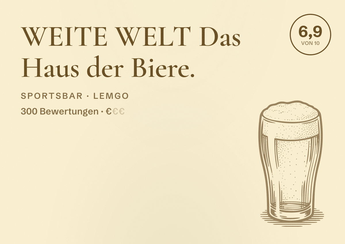 Illustriertes Poster von WEITE WELT Das Haus der Biere., Sportsbar in Lemgo: Bewertung 6,9 von 10 aus 300 Bewertungen, Preisniveau €