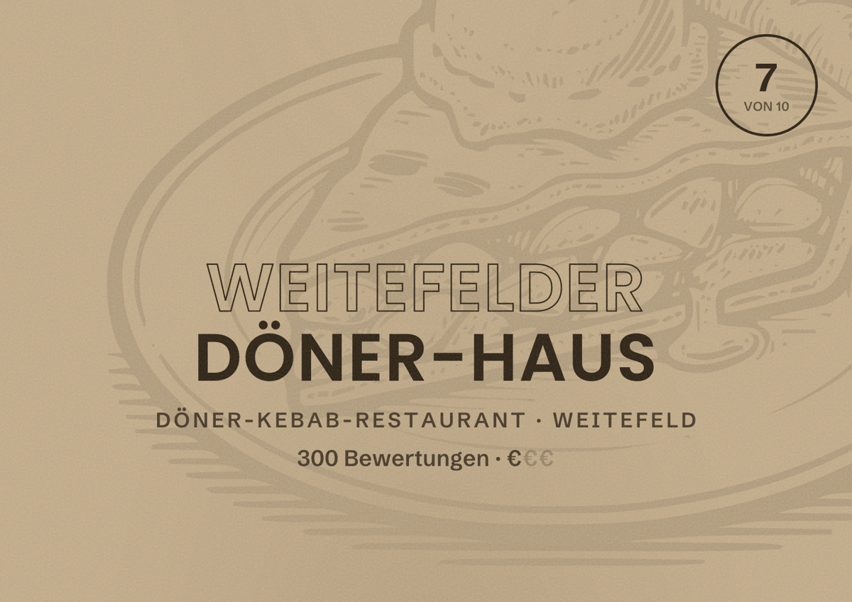Illustriertes Poster von Weitefelder Döner-Haus, Döner-Kebab-Restaurant in Weitefeld: Bewertung 7 von 10 aus 300 Bewertungen, Preisniveau €