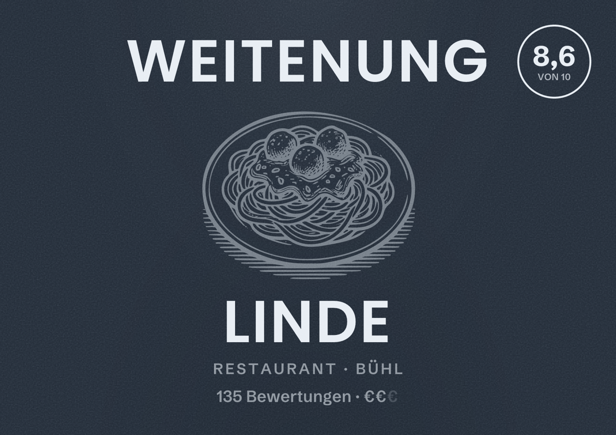 Illustriertes Poster von Weitenung Linde, Restaurant in Bühl: Bewertung 8,6 von 10 aus 135 Bewertungen, Preisniveau €€