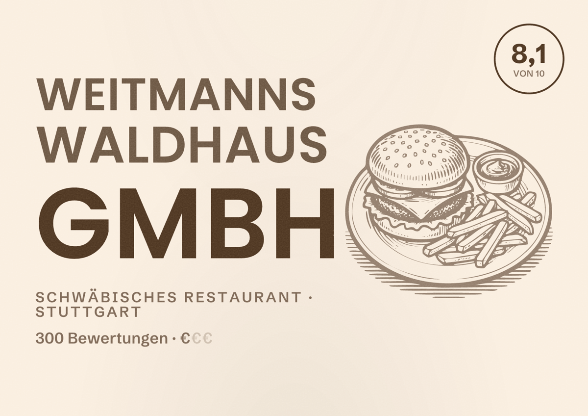 Illustriertes Poster von Weitmanns Waldhaus GmbH, Schwäbisches Restaurant in Stuttgart: Bewertung 8,1 von 10 aus 300 Bewertungen, Preisniveau €