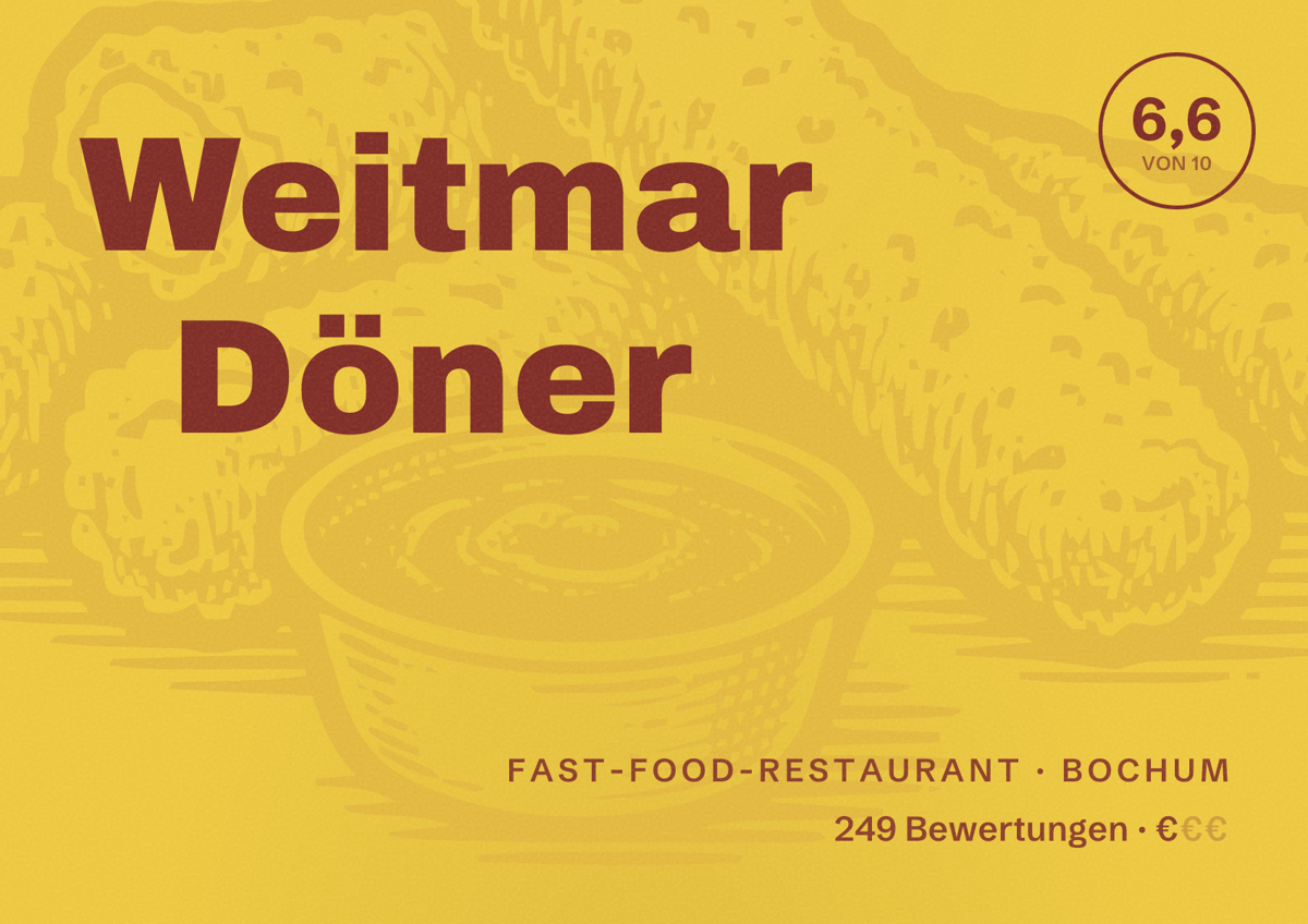 Illustriertes Poster von Weitmar Döner, Fast-Food-Restaurant in Bochum: Bewertung 6,6 von 10 aus 249 Bewertungen, Preisniveau €