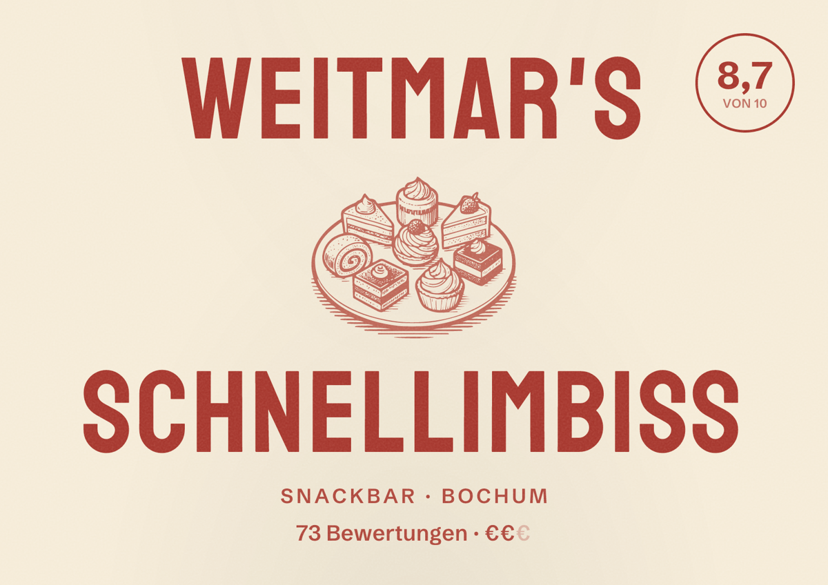 Illustriertes Poster von Weitmar's Schnellimbiss, Snackbar in Bochum: Bewertung 8,7 von 10 aus 73 Bewertungen, Preisniveau €€