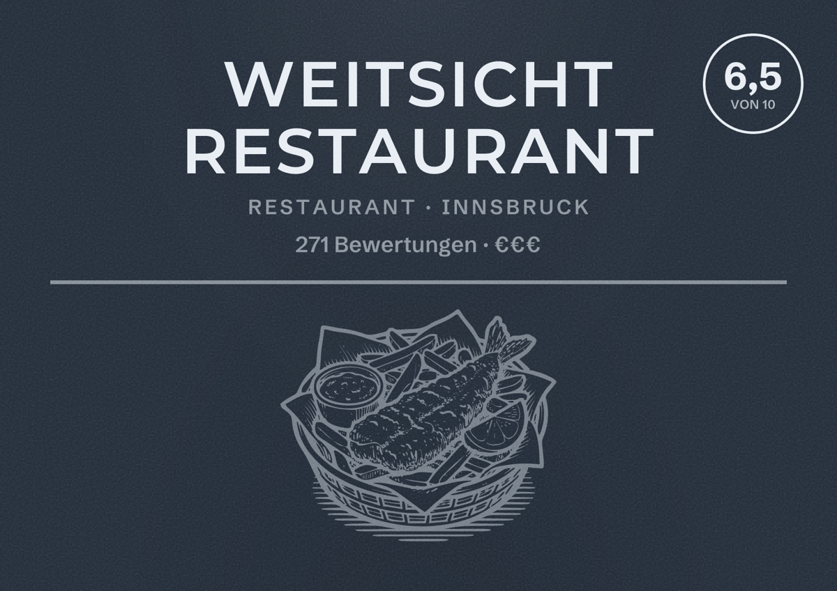 Illustriertes Poster von weitsicht Restaurant, Restaurant in Innsbruck: Bewertung 6,5 von 10 aus 271 Bewertungen, Preisniveau €€€