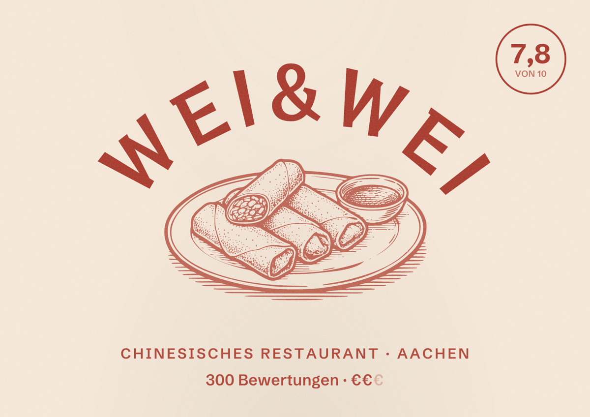 Illustriertes Poster von Wei&Wei, Chinesisches Restaurant in Aachen: Bewertung 7,8 von 10 aus 300 Bewertungen, Preisniveau €€