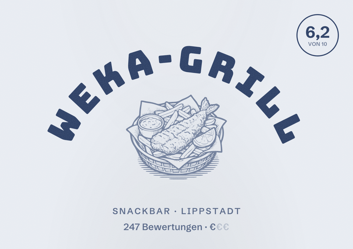 Illustriertes Poster von WEKA-Grill, Snackbar in Lippstadt: Bewertung 6,2 von 10 aus 247 Bewertungen, Preisniveau €