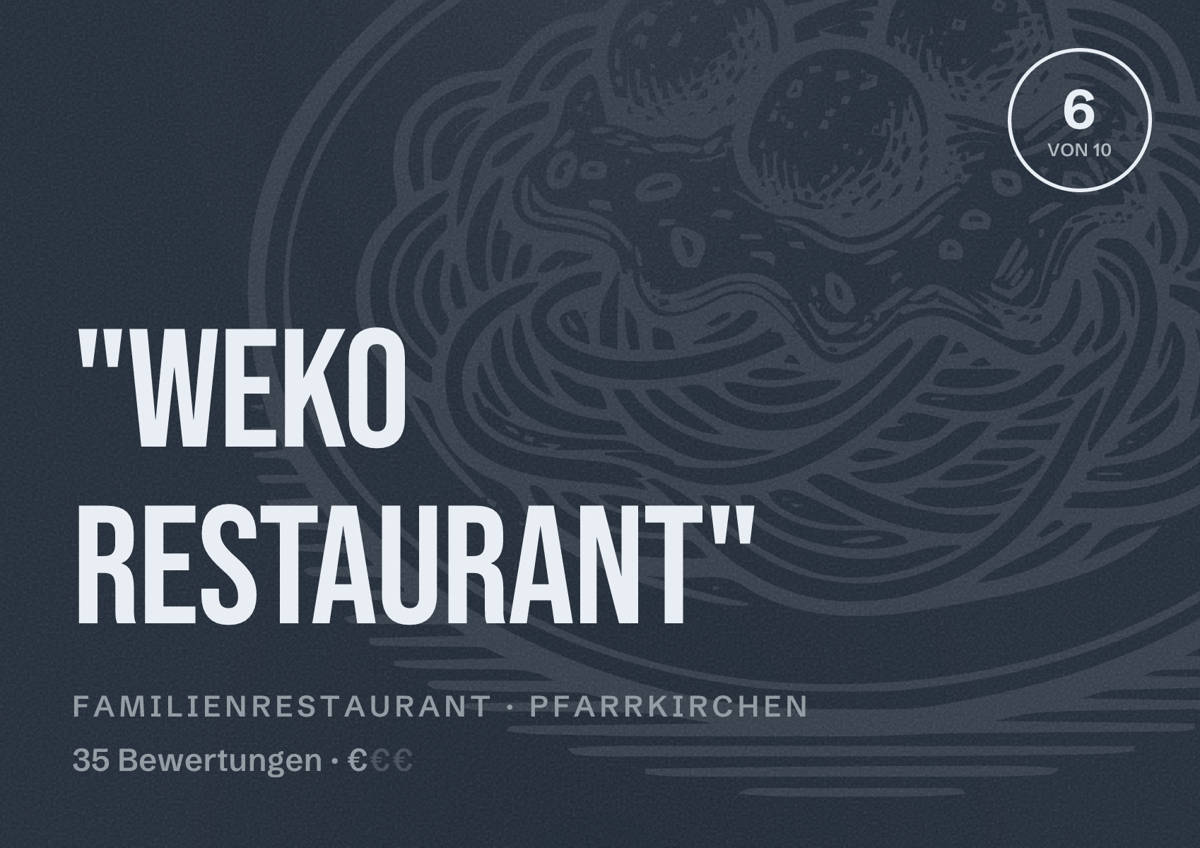 Illustriertes Poster von "WEKO Restaurant", Familienrestaurant in Pfarrkirchen: Bewertung 6 von 10 aus 35 Bewertungen, Preisniveau €
