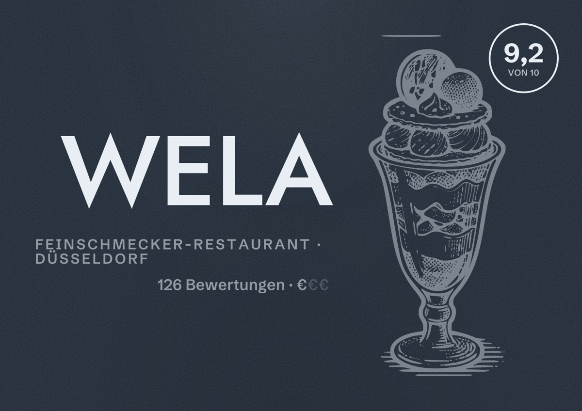 Illustriertes Poster von WELA, Feinschmecker-Restaurant in Düsseldorf: Bewertung 9,2 von 10 aus 126 Bewertungen, Preisniveau €