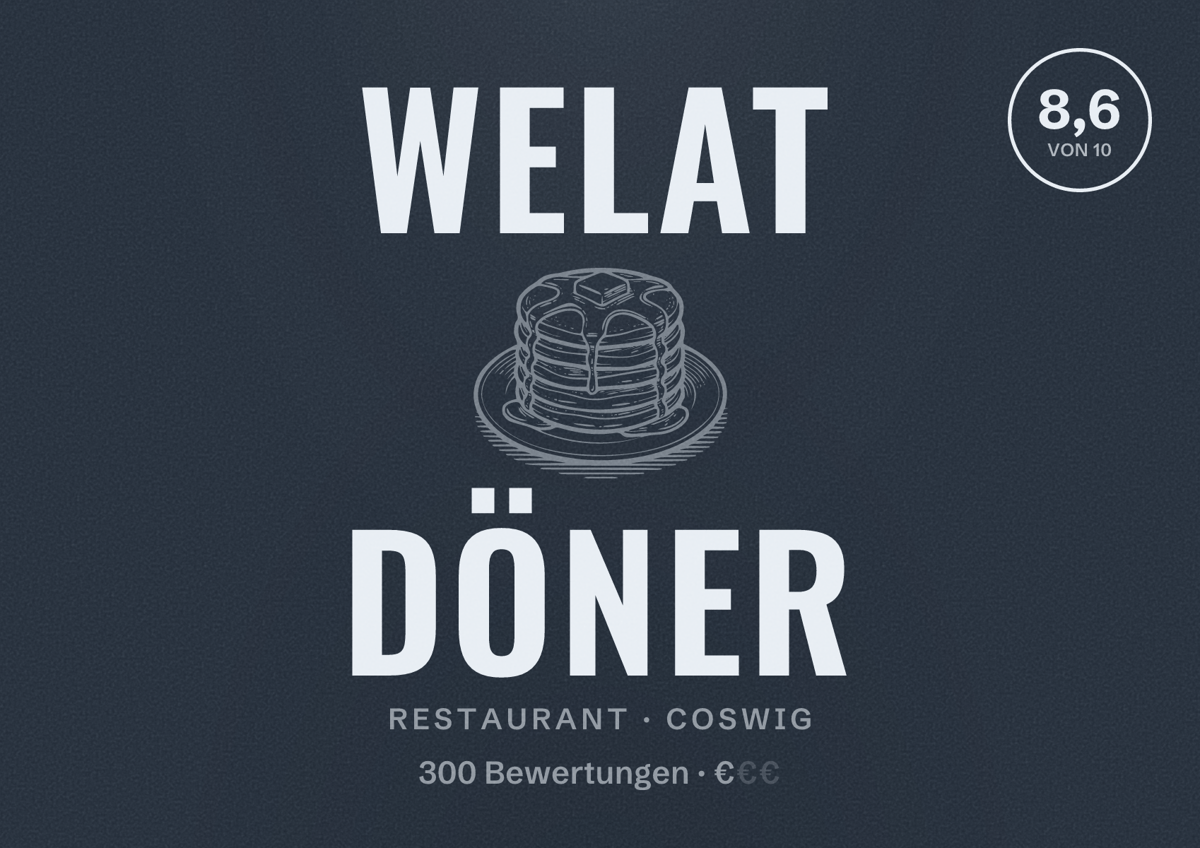 Illustriertes Poster von Welat Döner, Restaurant in Coswig: Bewertung 8,6 von 10 aus 300 Bewertungen, Preisniveau €