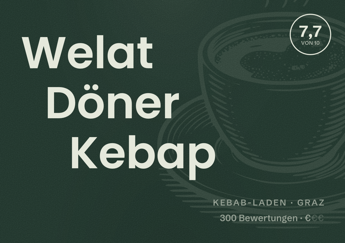 Illustriertes Poster von Welat Döner Kebap, Kebab-Laden in Graz: Bewertung 7,7 von 10 aus 300 Bewertungen, Preisniveau €