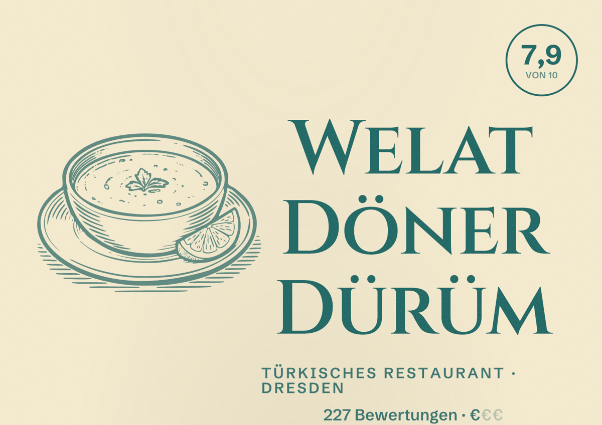 Illustriertes Poster von Welat Döner Dürüm, Türkisches Restaurant in Dresden: Bewertung 7,9 von 10 aus 227 Bewertungen, Preisniveau €