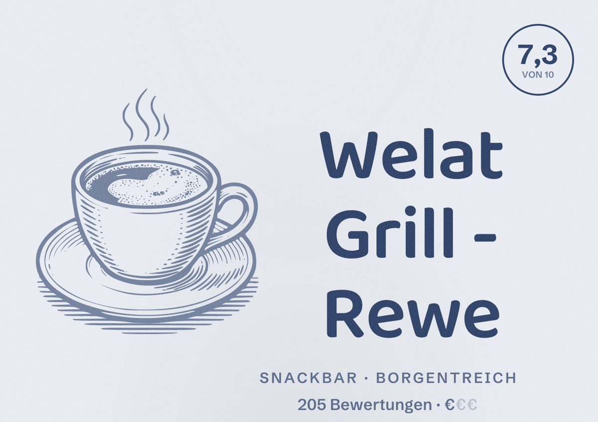 Illustriertes Poster von Welat Grill - Rewe, Snackbar in Borgentreich: Bewertung 7,3 von 10 aus 205 Bewertungen, Preisniveau €