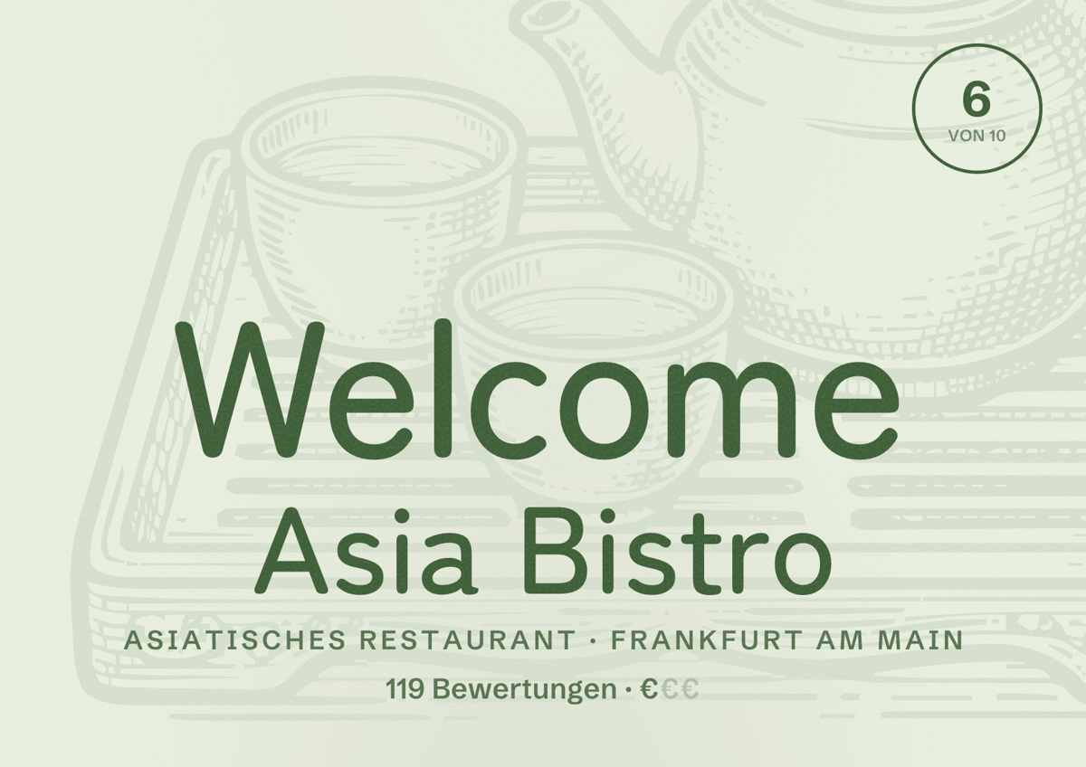 Illustriertes Poster von Welcome Asia Bistro, Asiatisches Restaurant in Frankfurt am Main: Bewertung 6,0 von 10 aus 119 Bewertungen, Preisniveau €