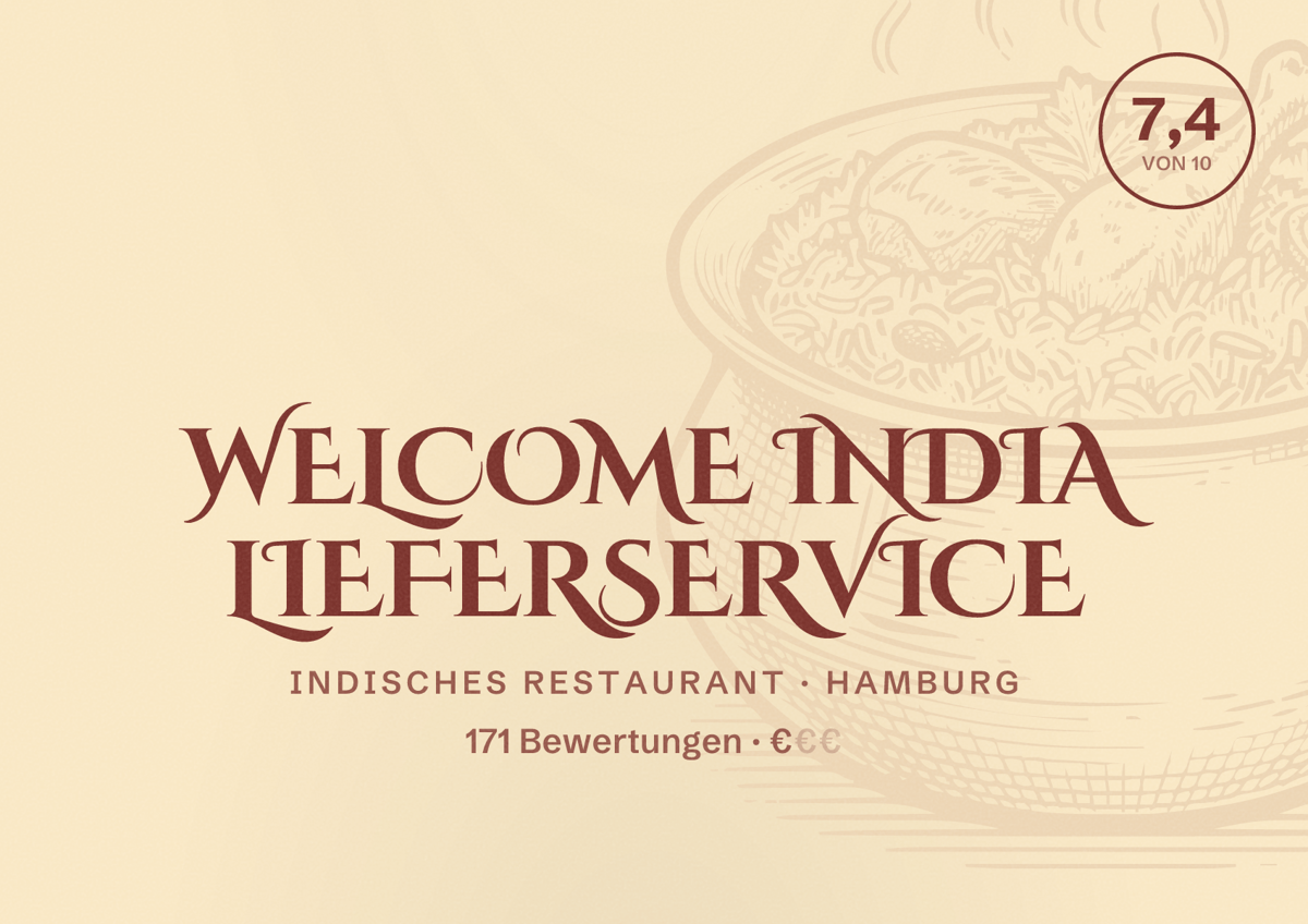 Illustriertes Poster von Welcome India Lieferservice, Indisches Restaurant in Hamburg: Bewertung 7,4 von 10 aus 171 Bewertungen, Preisniveau €