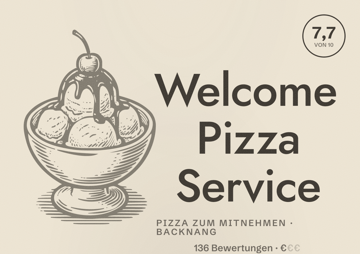 Illustriertes Poster von Welcome Pizza Service, Pizza zum Mitnehmen in Backnang: Bewertung 7,7 von 10 aus 136 Bewertungen, Preisniveau €