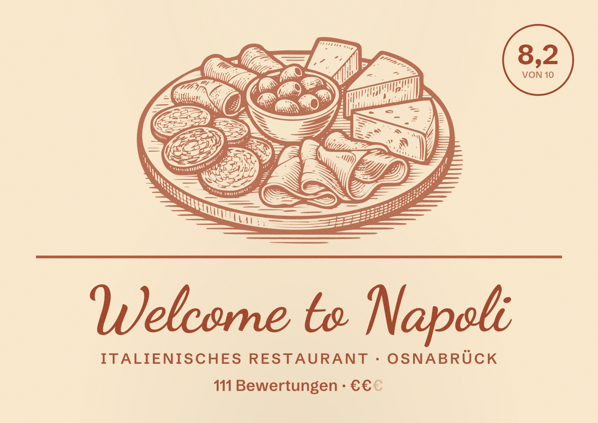 Illustriertes Poster von Welcome to Napoli, Italienisches Restaurant in Osnabrück: Bewertung 8,2 von 10 aus 111 Bewertungen, Preisniveau €€