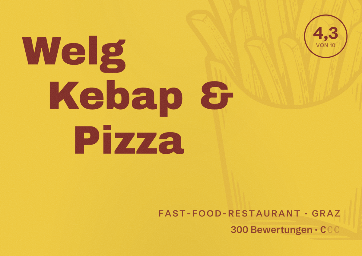 Illustriertes Poster von Welg Kebap & Pizza, Fast-Food-Restaurant in Graz: Bewertung 4,3 von 10 aus 300 Bewertungen, Preisniveau €