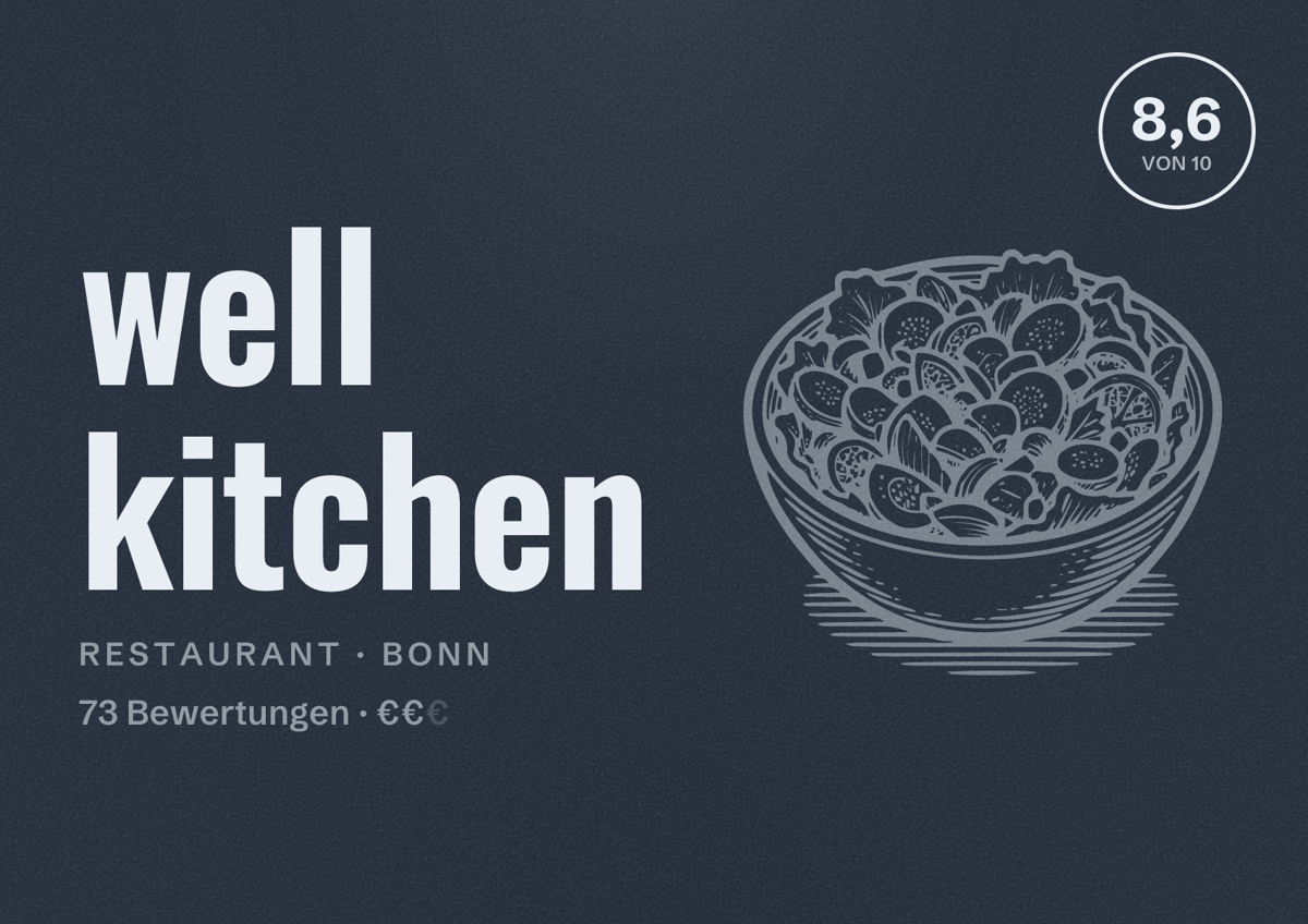 Illustriertes Poster von well kitchen, Restaurant in Bonn: Bewertung 8,6 von 10 aus 73 Bewertungen, Preisniveau €€