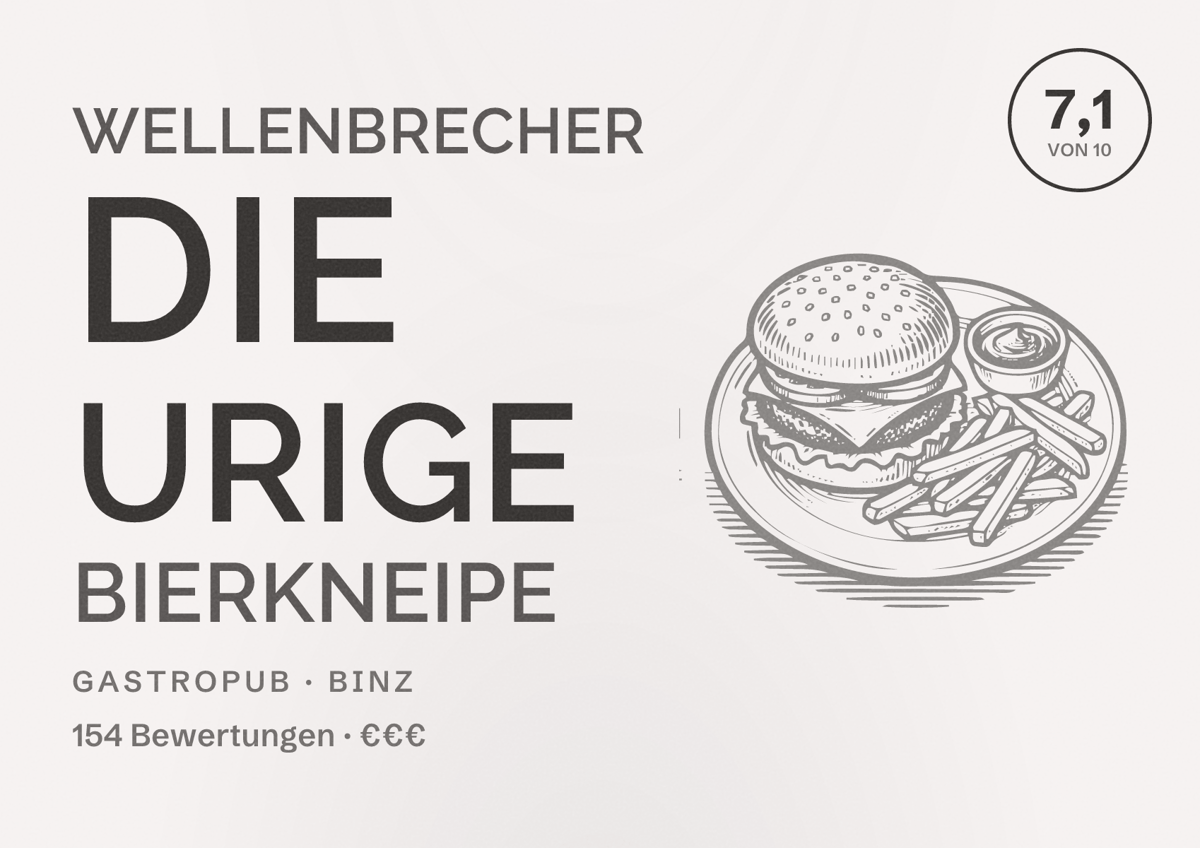 Illustriertes Poster von Wellenbrecher die urige Bierkneipe, Gastropub in Binz: Bewertung 7,1 von 10 aus 154 Bewertungen, Preisniveau €€€