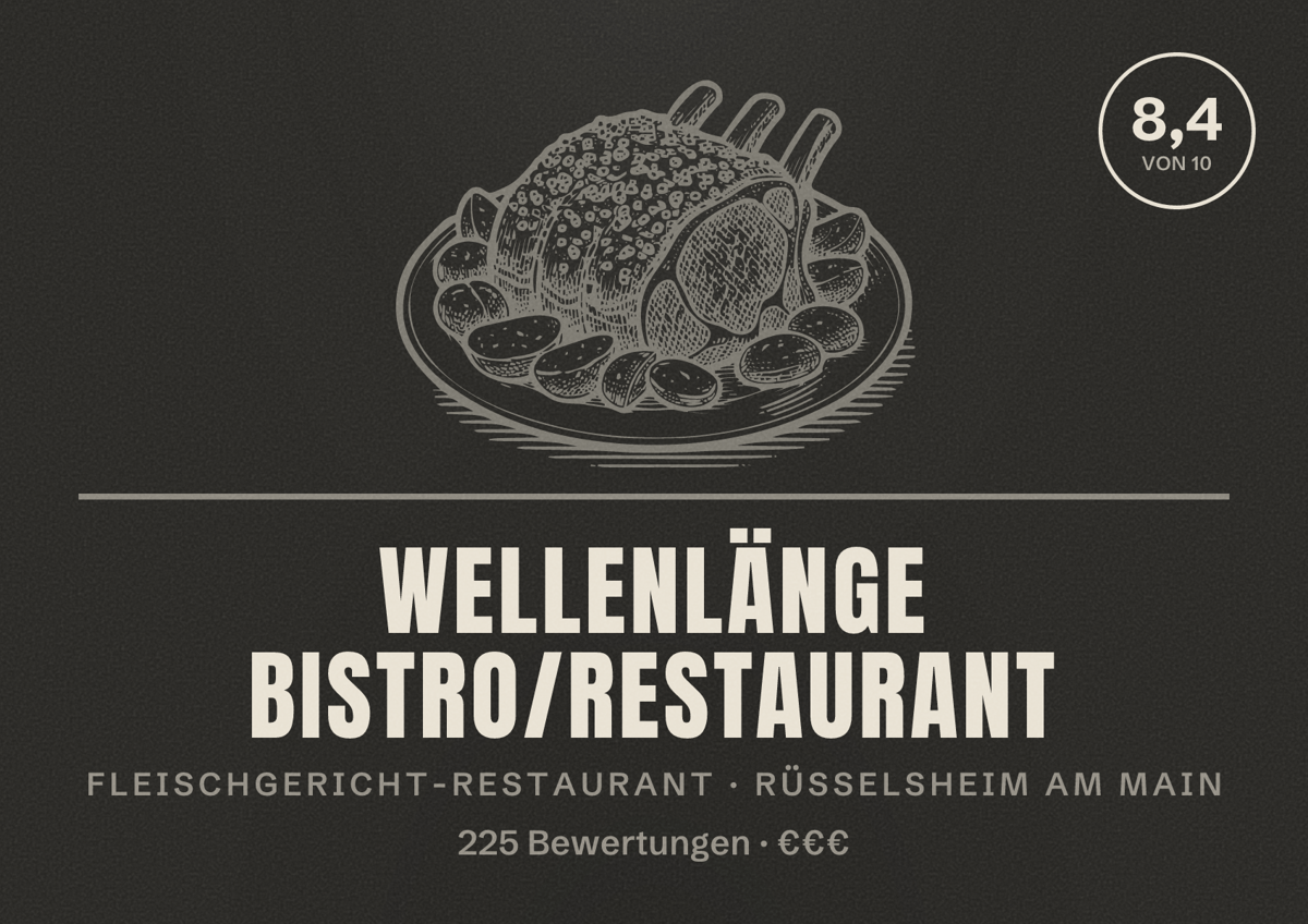 Illustriertes Poster von Wellenlänge Bistro/Restaurant, Fleischgericht-Restaurant in Rüsselsheim am Main: Bewertung 8,4 von 10 aus 225 Bewertungen, Preisniveau €€€
