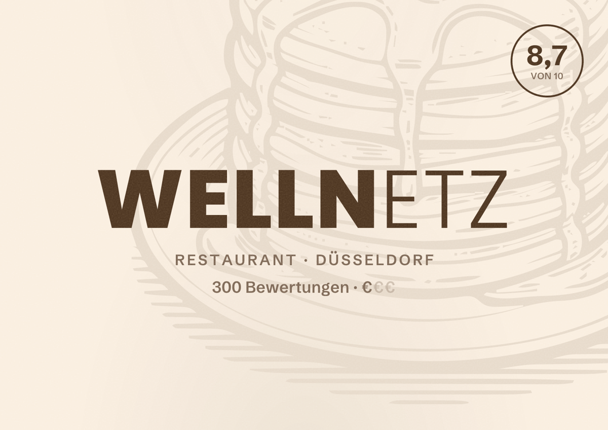 Illustriertes Poster von Wellnetz, Restaurant in Düsseldorf: Bewertung 8,7 von 10 aus 300 Bewertungen, Preisniveau €