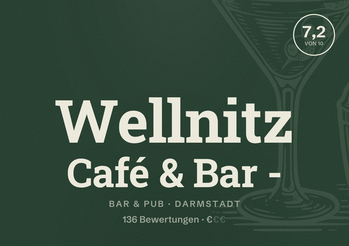 Illustriertes Poster von Wellnitz Café & Bar -, Bar & Pub in Darmstadt: Bewertung 7,2 von 10 aus 136 Bewertungen, Preisniveau €