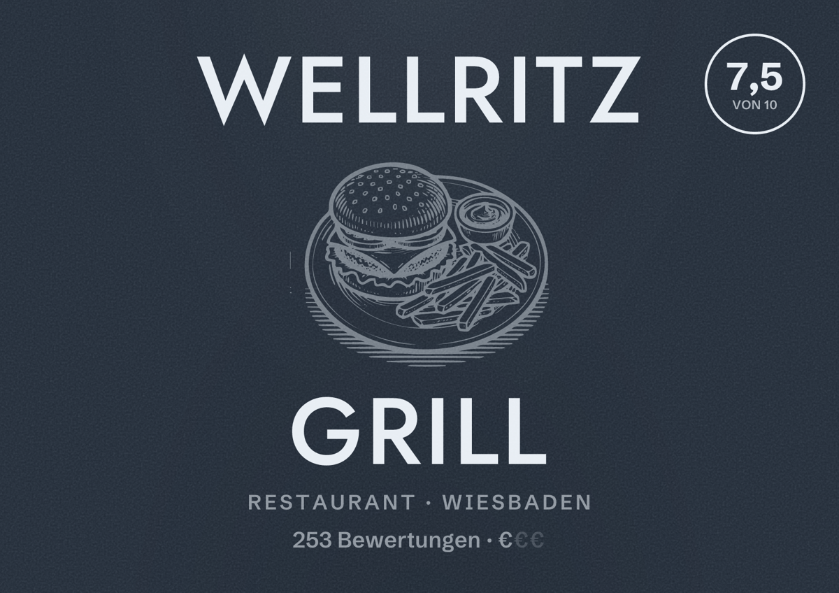 Illustriertes Poster von Wellritz Grill, Restaurant in Wiesbaden: Bewertung 7,5 von 10 aus 253 Bewertungen, Preisniveau €