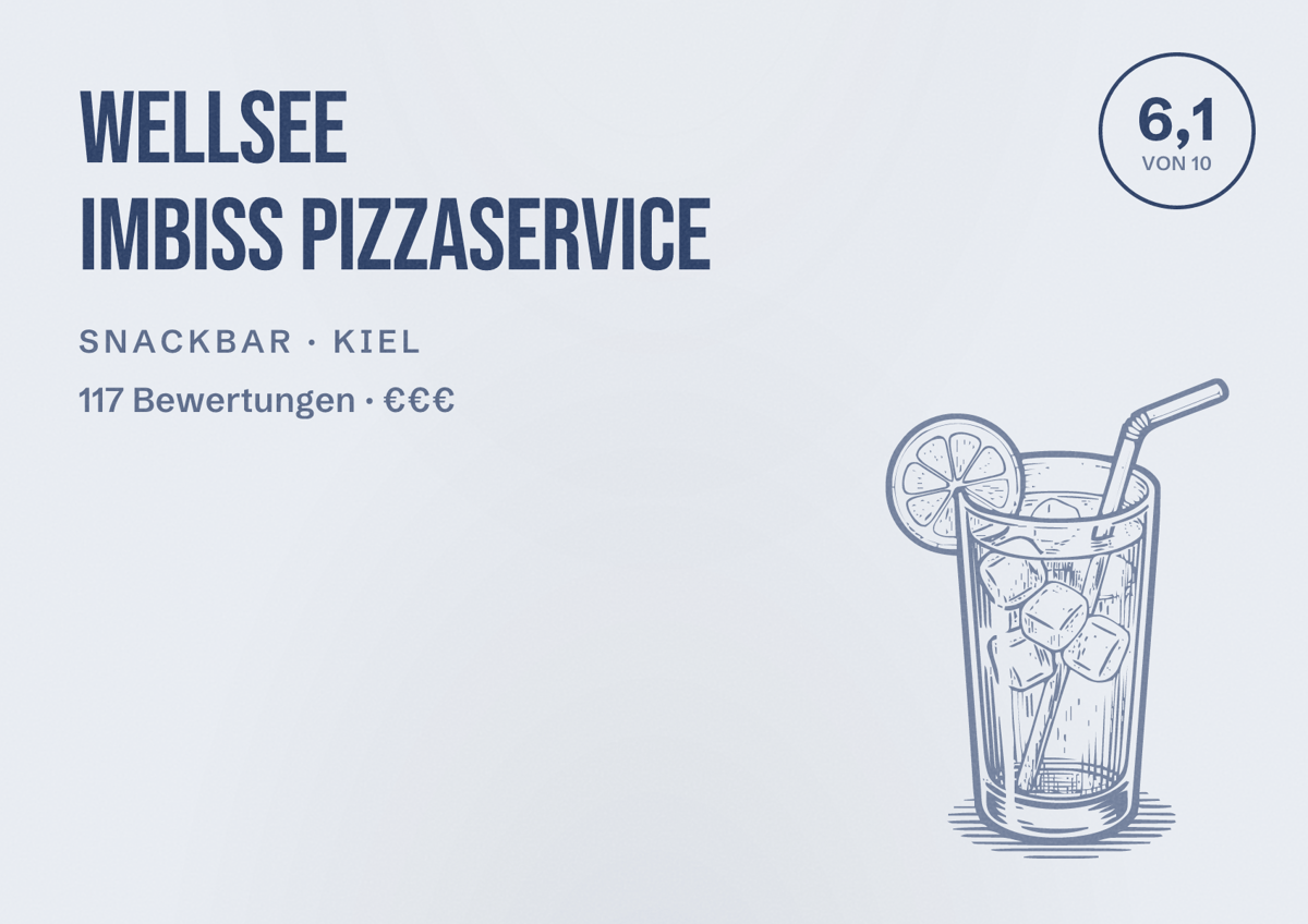 Illustriertes Poster von Wellsee Imbiss Pizzaservice, Snackbar in Kiel: Bewertung 6,1 von 10 aus 117 Bewertungen, Preisniveau €€€