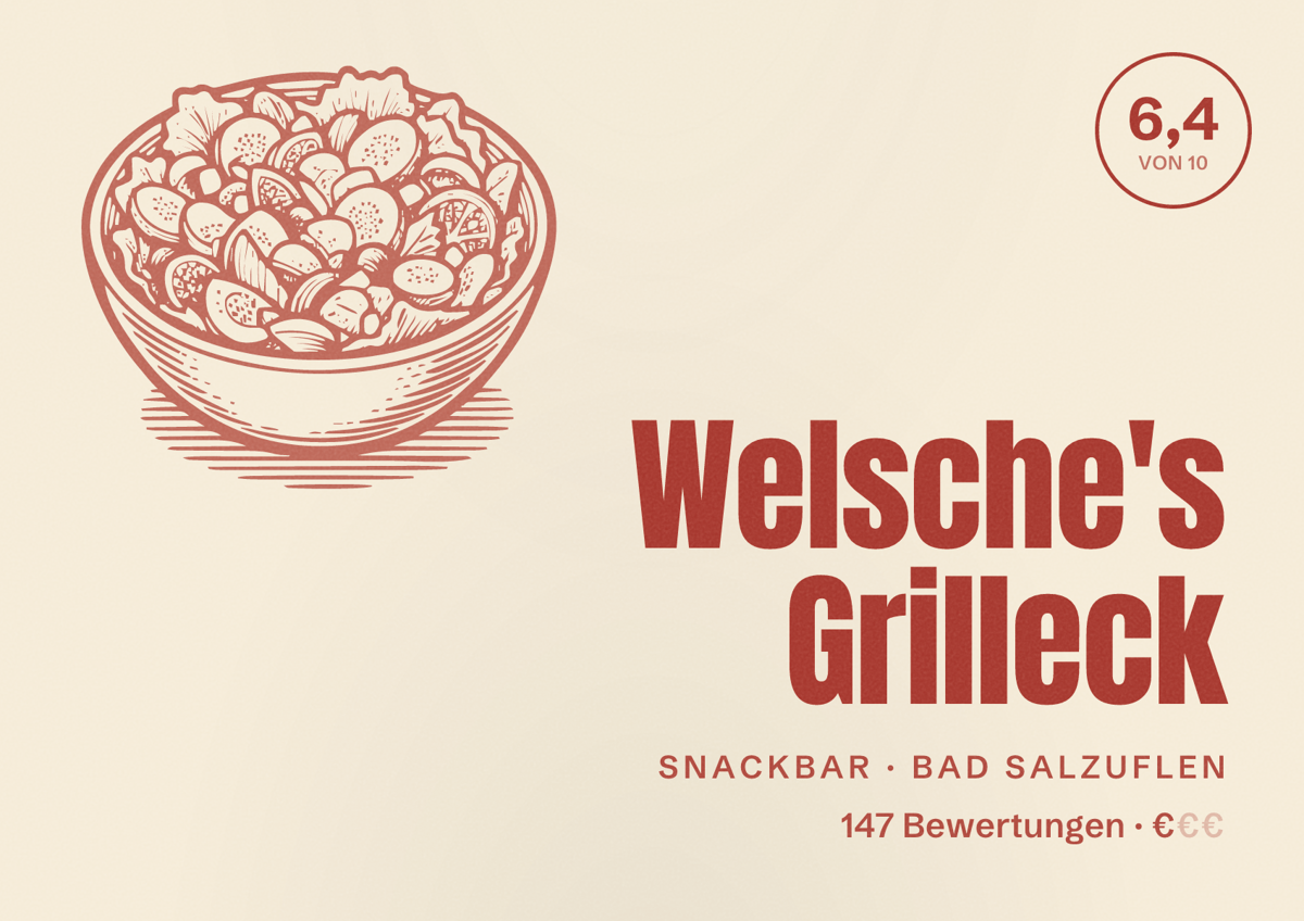 Illustriertes Poster von Welsche's Grilleck, Snackbar in Bad Salzuflen: Bewertung 6,4 von 10 aus 147 Bewertungen, Preisniveau €