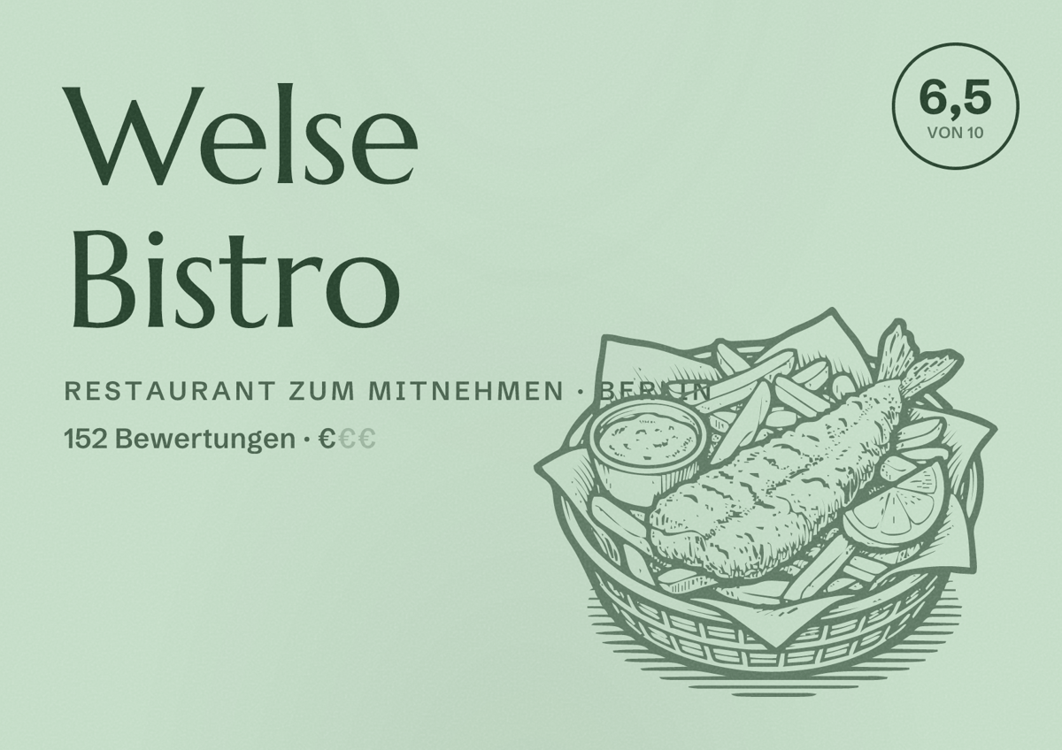 Illustriertes Poster von Welse Bistro, Restaurant zum Mitnehmen in Berlin: Bewertung 6,5 von 10 aus 152 Bewertungen, Preisniveau €