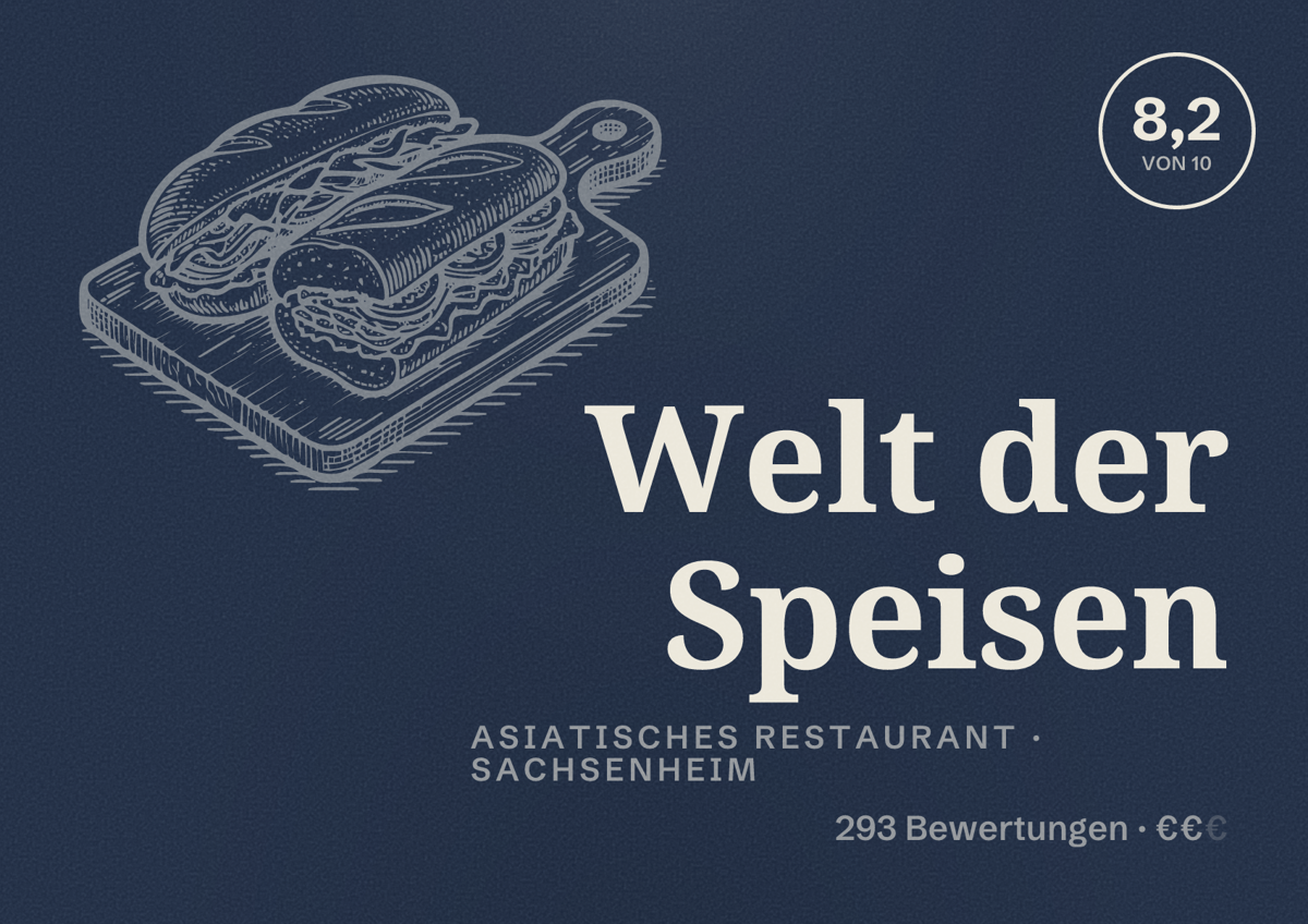 Illustriertes Poster von Welt der Speisen, Asiatisches Restaurant in Sachsenheim: Bewertung 8,2 von 10 aus 293 Bewertungen, Preisniveau €€
