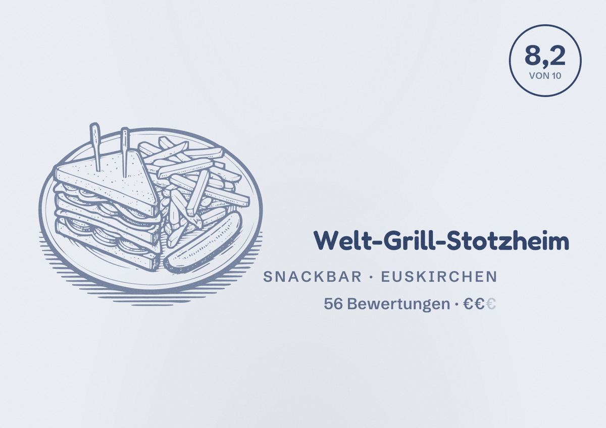 Illustriertes Poster von Welt-Grill-Stotzheim, Snackbar in Euskirchen: Bewertung 8,2 von 10 aus 56 Bewertungen, Preisniveau €€