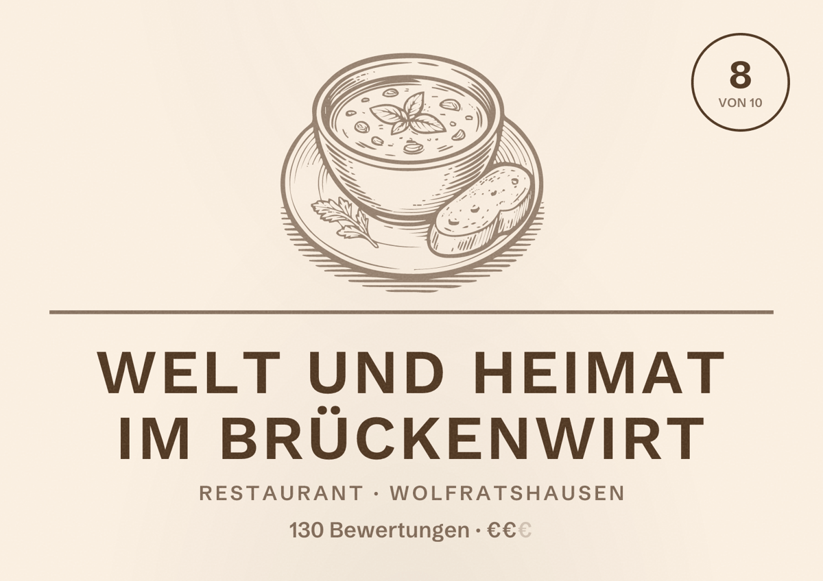 Illustriertes Poster von Welt und Heimat im Brückenwirt, Restaurant in Wolfratshausen: Bewertung 8 von 10 aus 130 Bewertungen, Preisniveau €€
