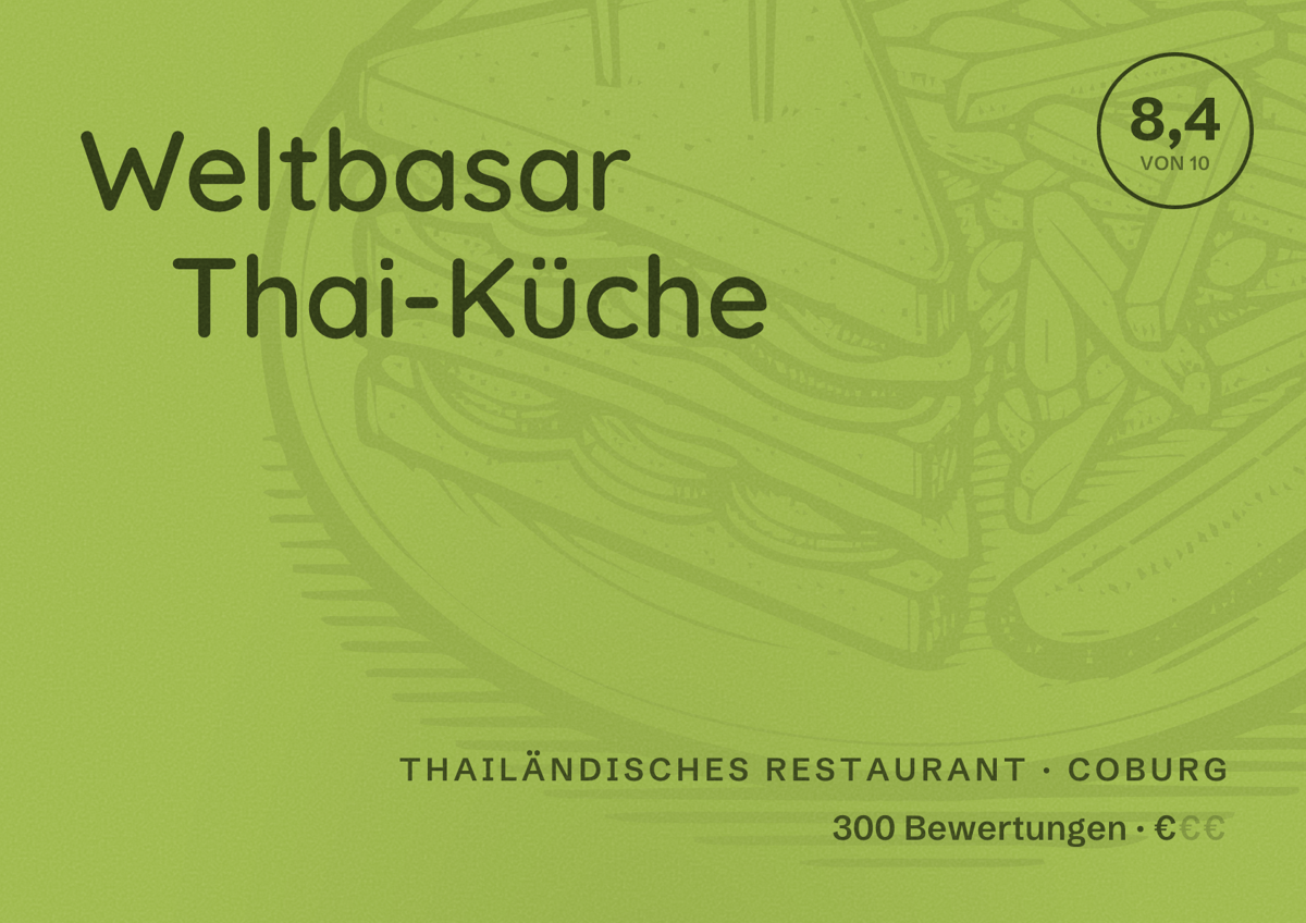 Illustriertes Poster von Weltbasar Thai-Küche, Thailändisches Restaurant in Coburg: Bewertung 8,4 von 10 aus 300 Bewertungen, Preisniveau €