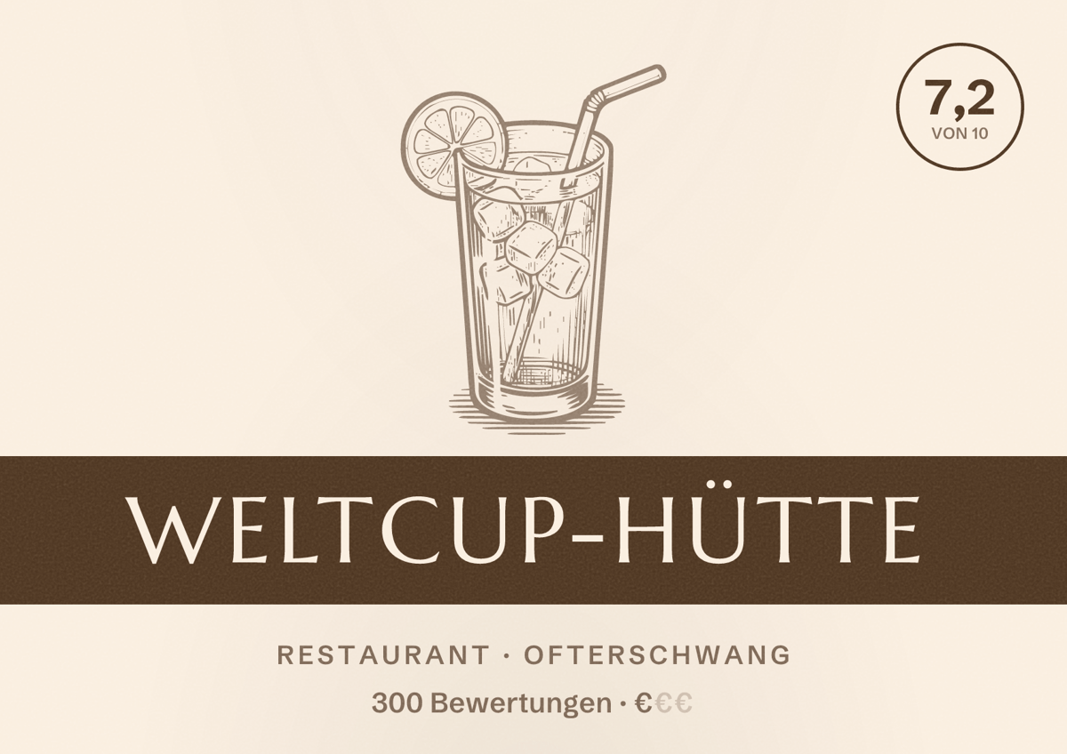 Illustriertes Poster von Weltcup-Hütte, Restaurant in Ofterschwang: Bewertung 7,2 von 10 aus 300 Bewertungen, Preisniveau €
