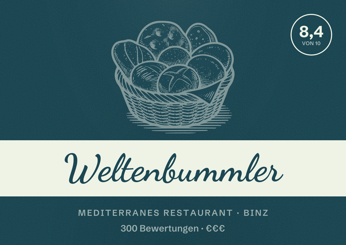 Illustriertes Poster von Weltenbummler, Mediterranes Restaurant in Binz: Bewertung 8,4 von 10 aus 300 Bewertungen, Preisniveau €€€