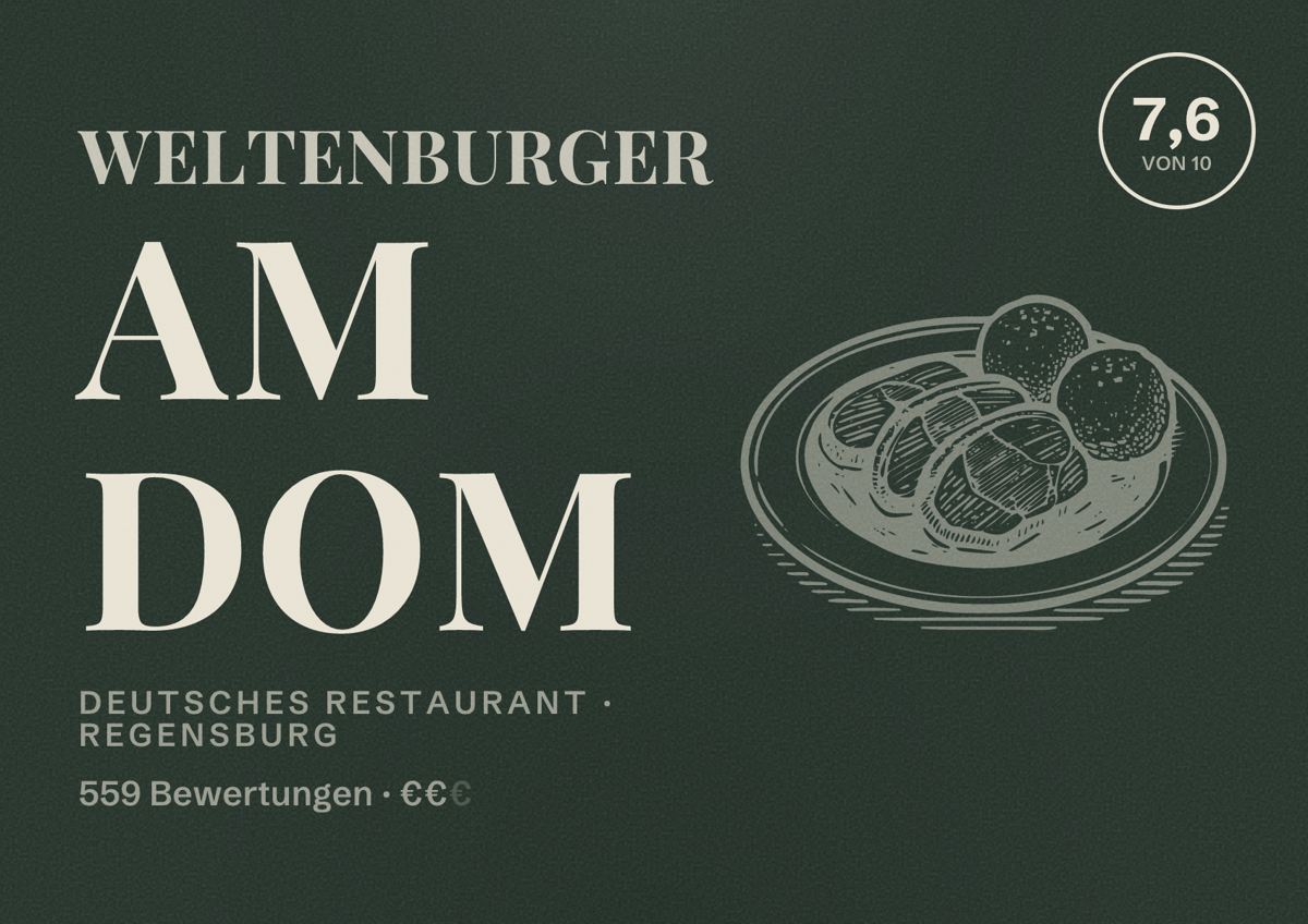 Illustriertes Poster von Weltenburger am Dom, Deutsches Restaurant in Regensburg: Gästebewertung 7,6 von 10 aus 559 Bewertungen