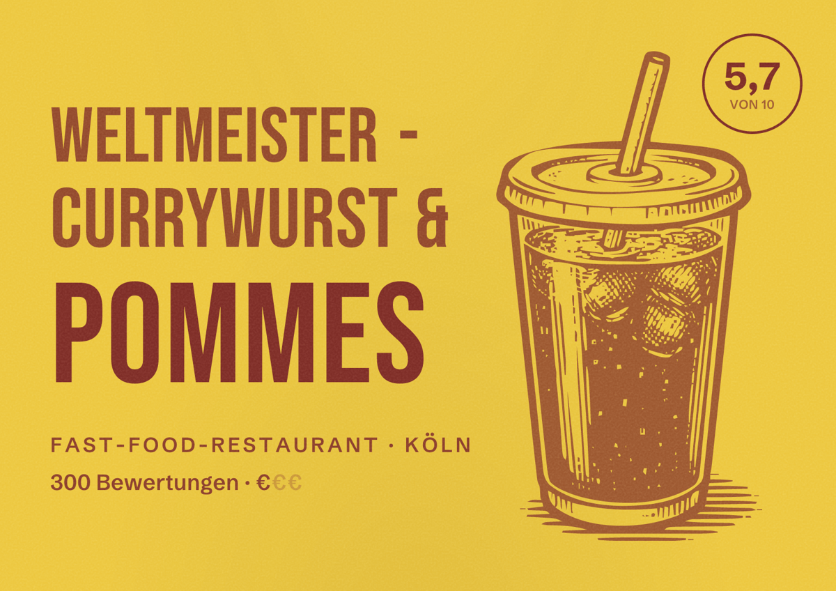 Illustriertes Poster von Weltmeister - Currywurst & Pommes, Fast-Food-Restaurant in Köln: Bewertung 5,7 von 10 aus 300 Bewertungen, Preisniveau €