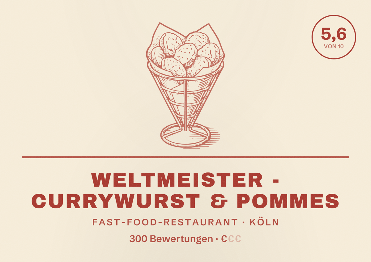 Illustriertes Poster von Weltmeister - Currywurst & Pommes, Fast-Food-Restaurant in Köln: Bewertung 5,6 von 10 aus 300 Bewertungen, Preisniveau €