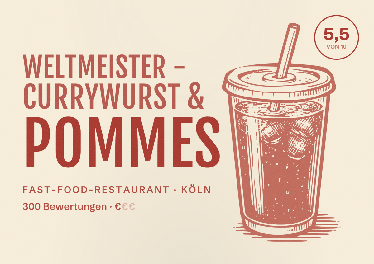Illustriertes Poster von Weltmeister - Currywurst & Pommes, Fast-Food-Restaurant in Köln: Bewertung 5,5 von 10 aus 300 Bewertungen, Preisniveau €