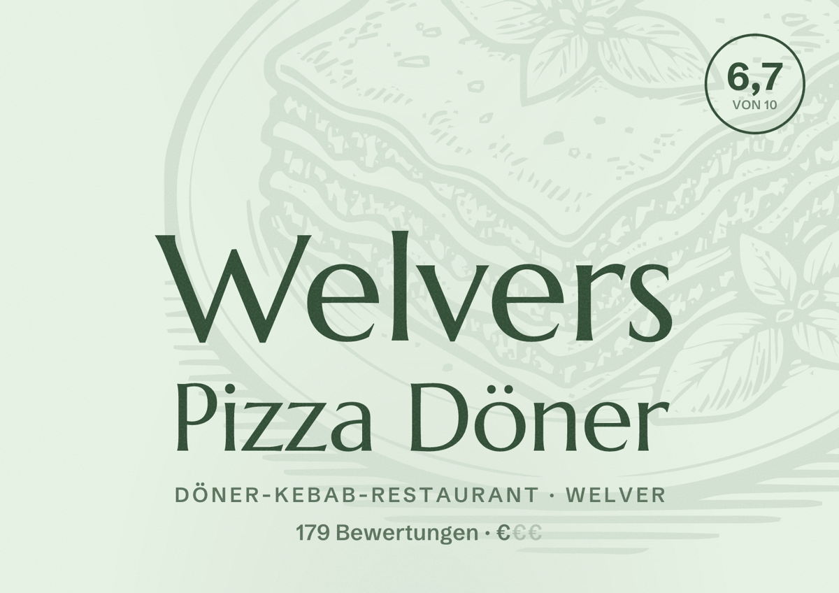 Illustriertes Poster von Welvers Pizza Döner, Döner-Kebab-Restaurant in Welver: Bewertung 6,7 von 10 aus 179 Bewertungen, Preisniveau €
